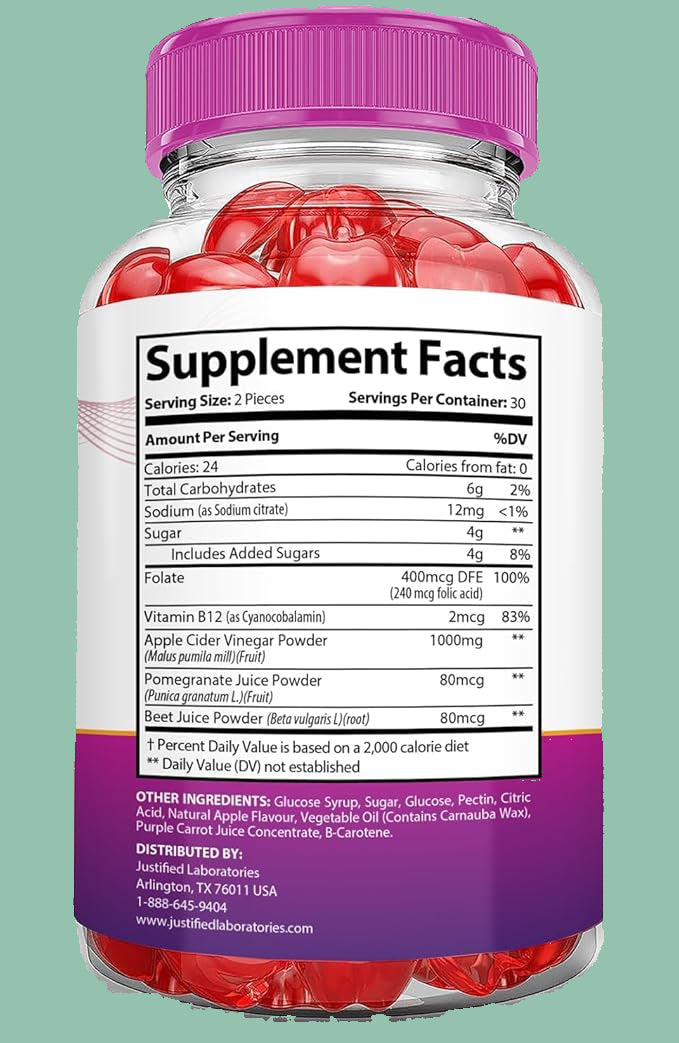 Supplement bottle with red gummy bears and purple cap, showing 'Supplement Facts' label.