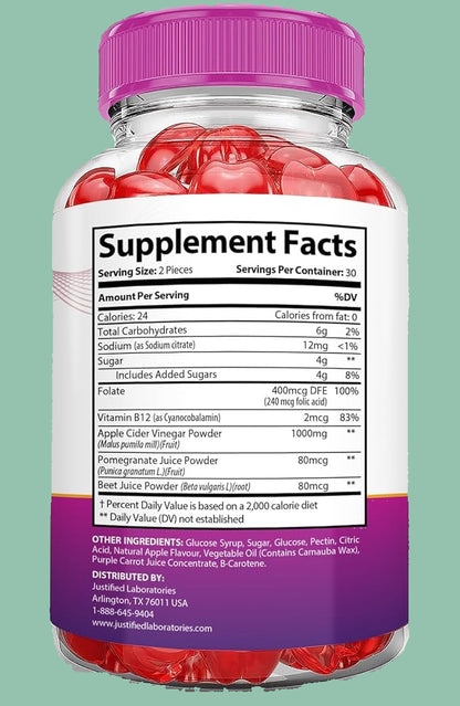 Supplement bottle with red gummy bears and purple cap, showing 'Supplement Facts' label.