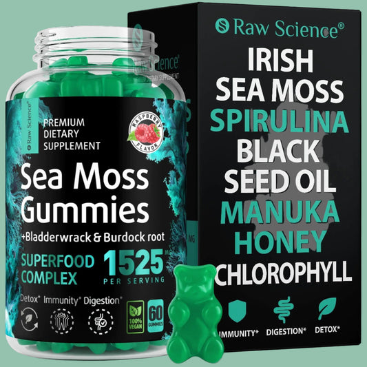Irish Sea Moss Gummies 60 Gummies Detox & Thyroid Support for Women & Men Black